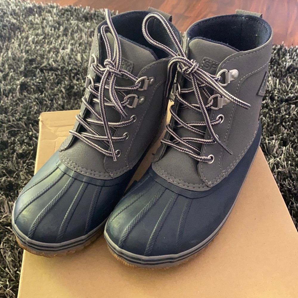 Navy and Grey Sperry Boots